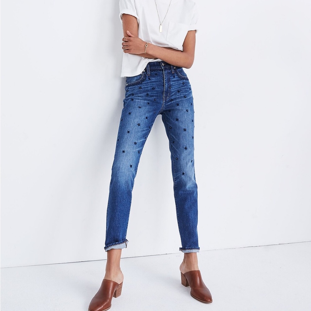 Madewell The High Rise Slim BoyJean Blue Floral Embroidered and Beaded